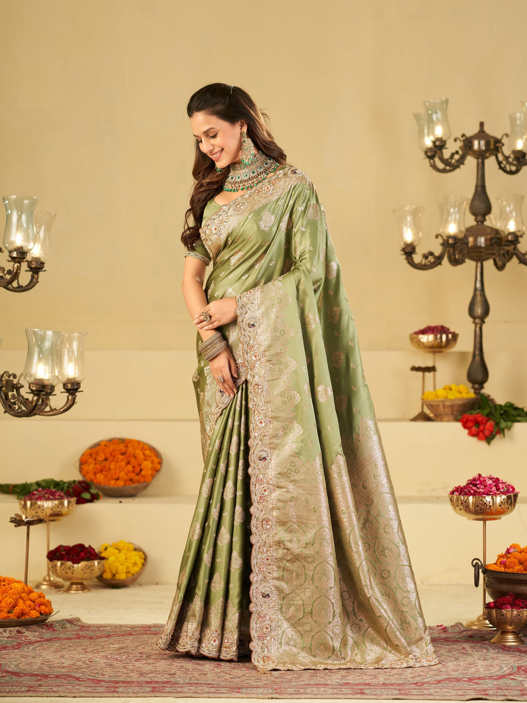 Pastel Green Banarasi Silk Saree with Heavy Embroidered Scallop Border & Rich Zari Woven Pallu | Designer Wedding Festive Saree