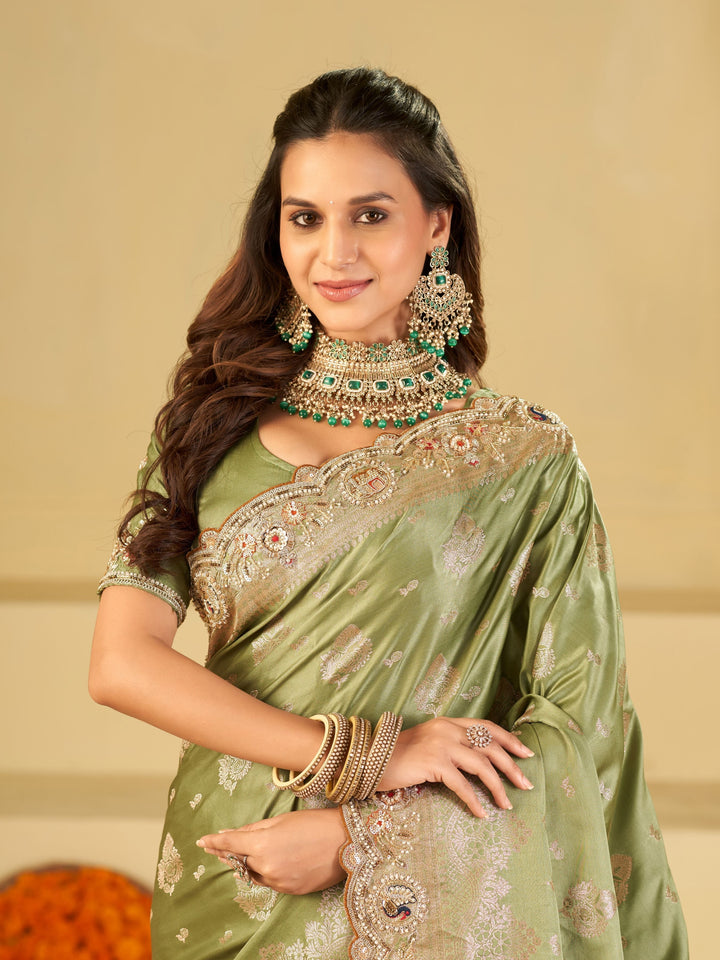 Pastel Green Banarasi Silk Saree with Heavy Embroidered Scallop Border & Rich Zari Woven Pallu | Designer Wedding Festive Saree