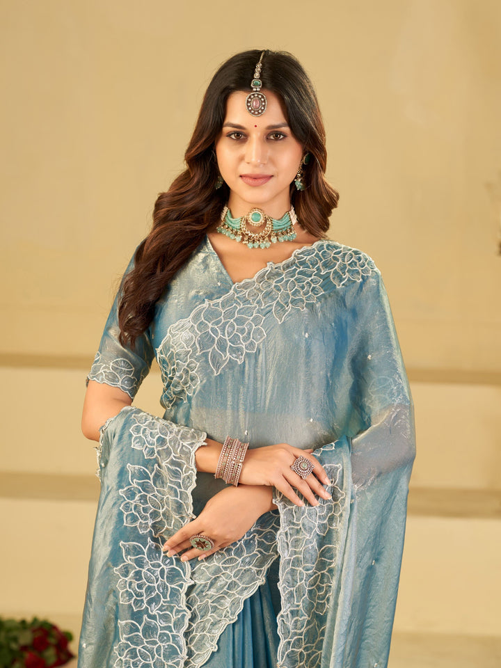 Sky Blue Fendy Satin Saree with White Floral Embroidery Border | Elegant Designer Party Wear Saree with Blouse