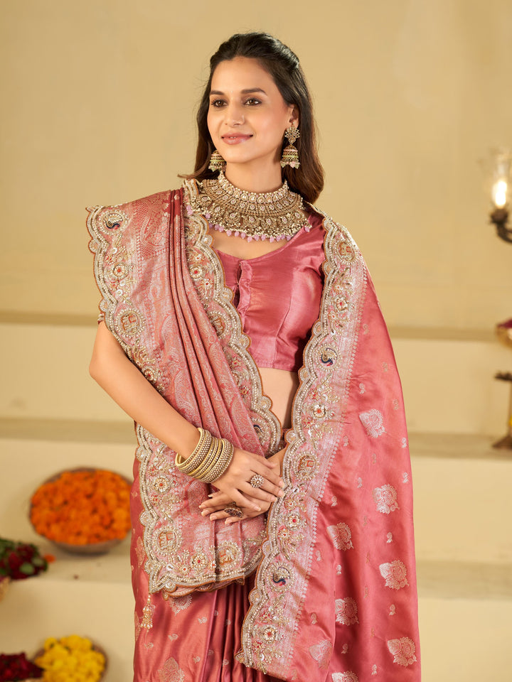 Dusty Rose Pink Banarasi Silk Saree with Heavy Embroidered Scallop Border & Rich Zari Woven Pallu | Designer Wedding Festive Saree