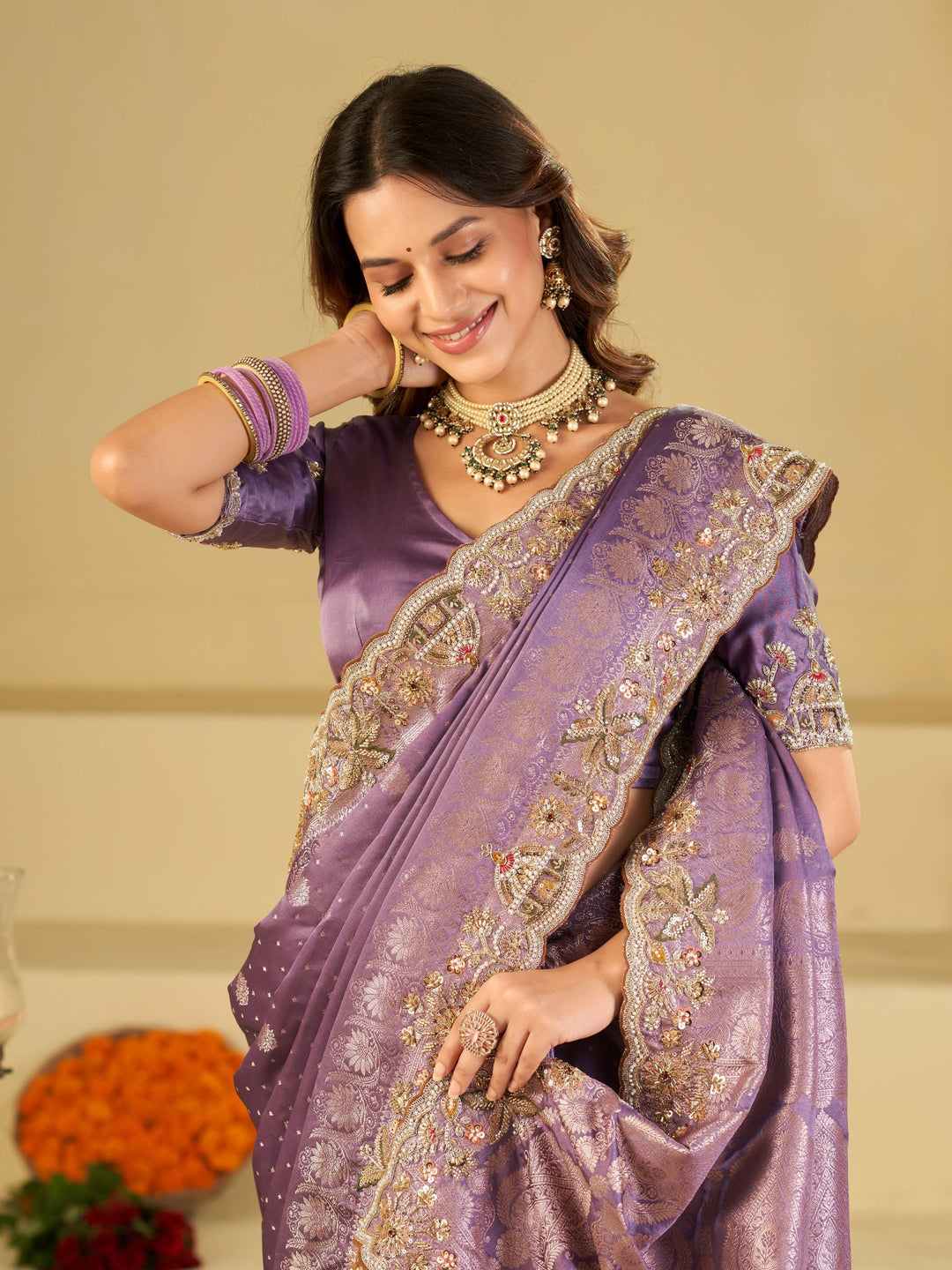 Lavender Banarasi Silk Saree with Heavy Embroidered Border & Rich Zari Woven Pallu | Designer Festive Wedding Saree