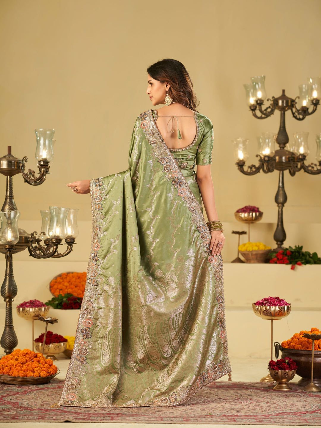Olive Green Banarasi Silk Saree with Heavy Embroidered Border & Rich Zari Woven Pallu | Designer Wedding & Festive Saree