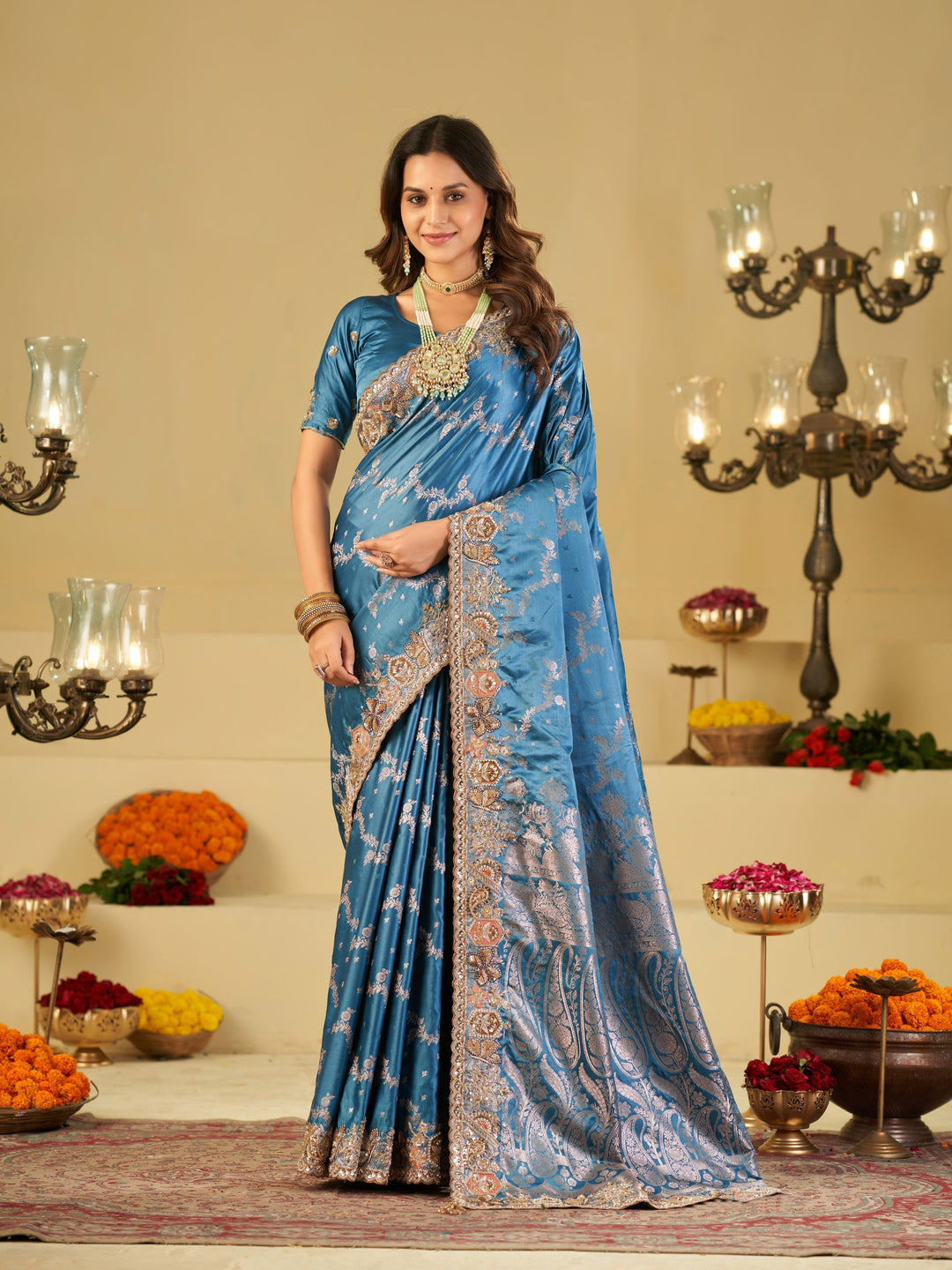 Sky Blue Banarasi Silk Saree with Heavy Embroidered Border & Rich Zari Woven Pallu | Designer Wedding & Festive Saree
