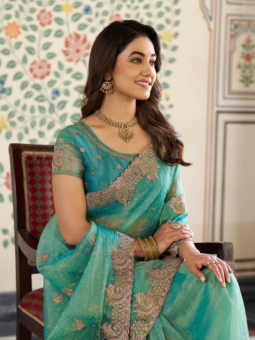 Aqua Green Fendy Satin Embroidered Saree with Paisley Motifs & Zari Border | Designer Festive Saree with Tassels & Heavy Embroidered Blouse