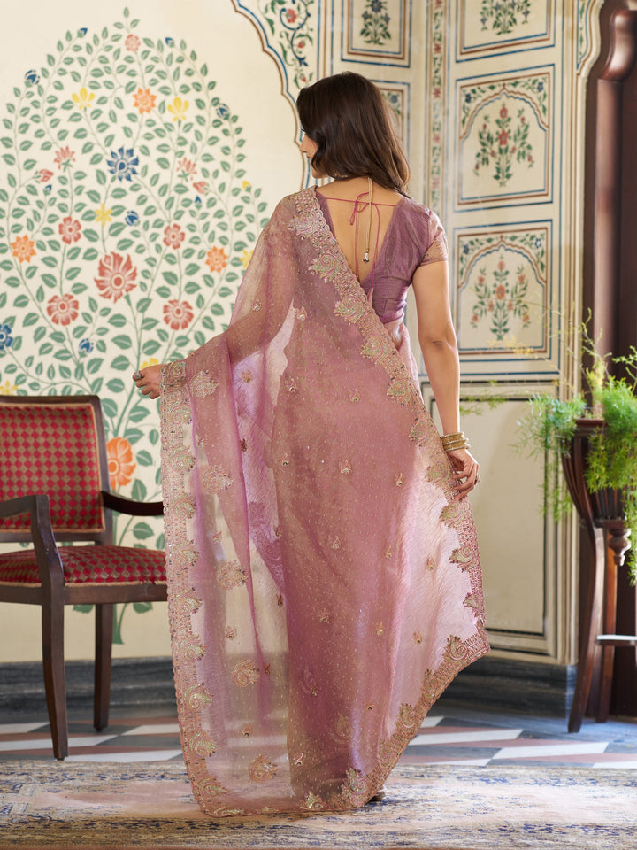 Blush Pink Fendy Satin Embroidered Saree with Paisley Motifs & Zari Border | Designer Festive Saree with Tassels & Heavy Embroidered Blouse