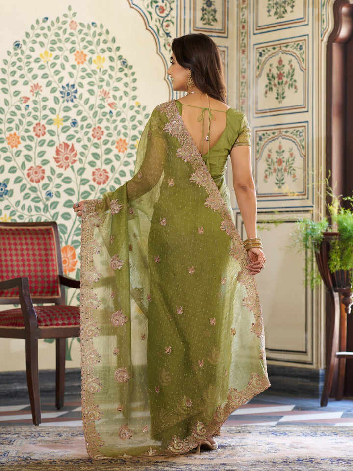 Olive Green Fendy Satin Embroidered Saree with Paisley Motifs & Zari Border | Designer Festive Saree with Tassels & Heavy Embroidered Blouse