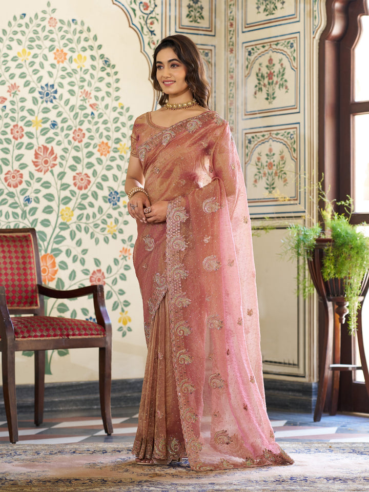 Dusty Rose Pink Fendy Satin Embroidered Saree with Paisley Motifs & Zari Border | Designer Festive Saree with Tassels & Heavy Embroidered Blouse
