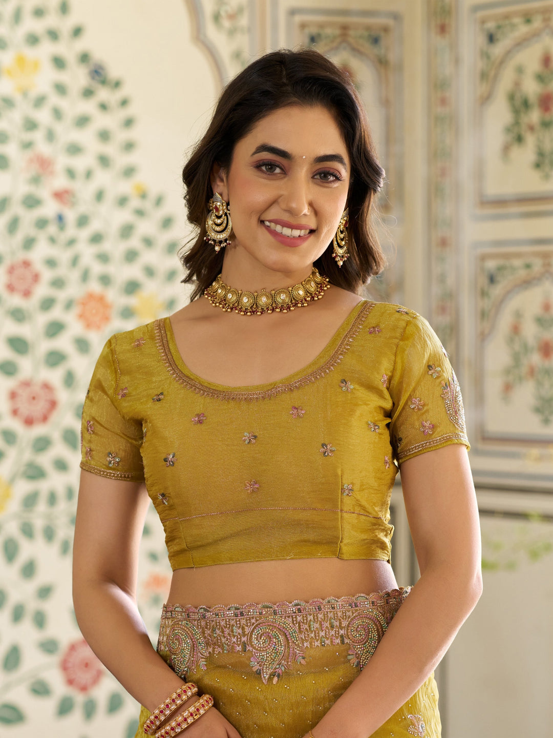 Mustard Yellow Fendy Satin Embroidered Saree with Paisley Motifs & Zari Border | Festive Designer Saree with Tassels & Heavy Embroidered Blouse
