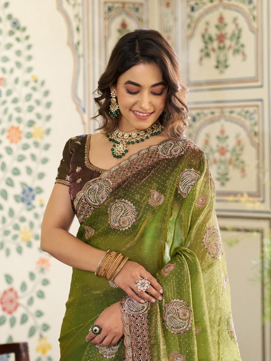 Olive Green Fendy Satin Designer Embroidered Saree with Floral & Paisley Motifs | Premium Festive Saree with Zari Border, Tassels & Heavy Embroidered Blouse