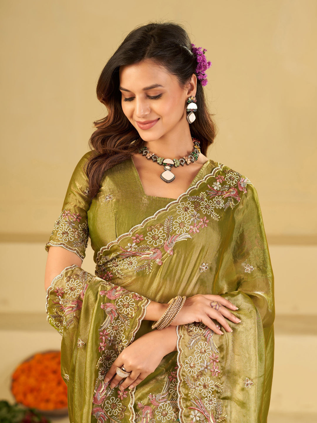 Olive Green Fendy Satin Saree with Floral Embroidery Border | Designer Embroidered Party Wear Saree with Blouse