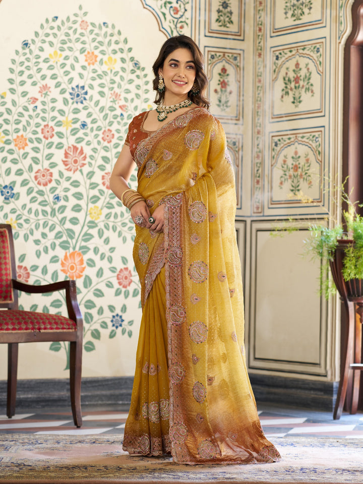 Dual Tone Mustard Yellow & Rust Fendy Satin Embroidered Saree with Paisley Motifs & Zari Border | Designer Festive Saree with Tassels & Heavy Embroidered Blouse
