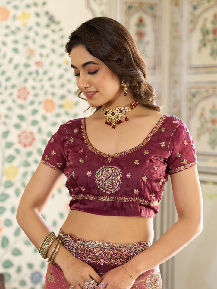 Dual Tone Wine Pink Fendy Satin Embroidered Saree with Paisley Motifs & Rich Zari Border | Designer Festive Saree with Tassels & Heavy Embroidered Blouse