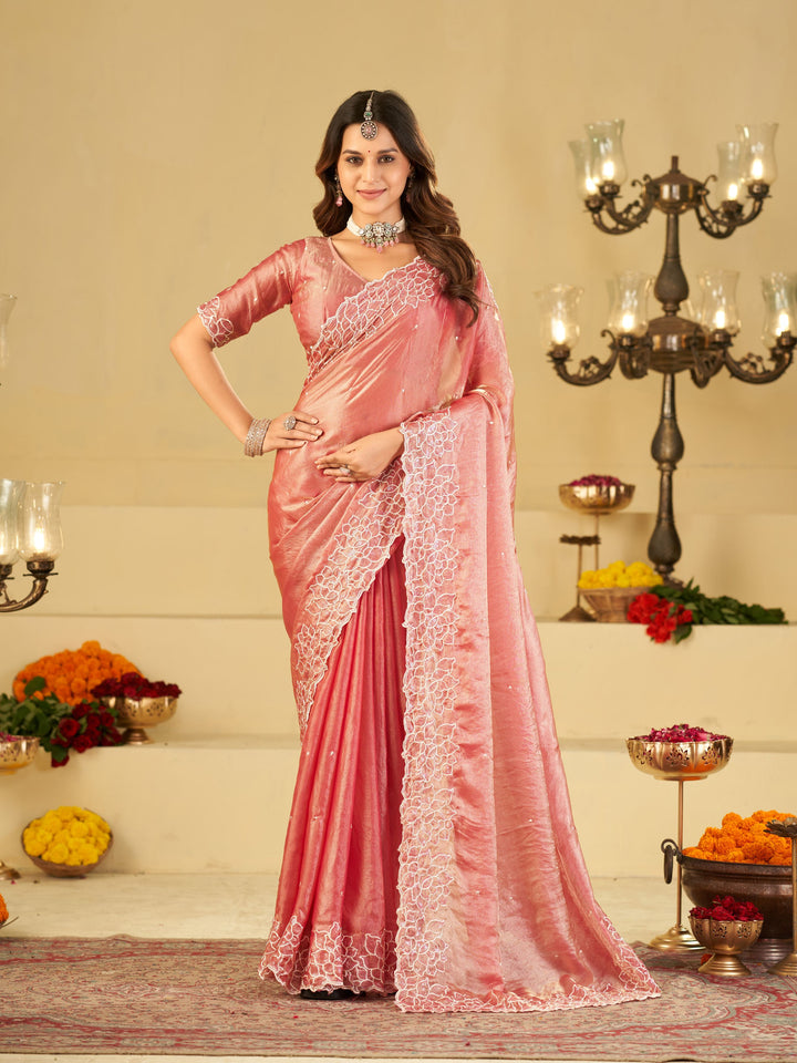 Blush Pink Fendy Satin Saree with White Floral Embroidery Border | Elegant Designer Party Wear Saree with Blouse