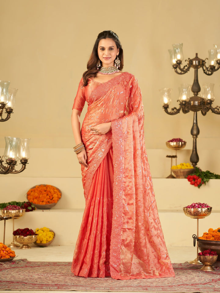 Peach Pink Designer Fendy Satin Saree with Heavy Embroidered Border | Premium Festive Party Wear Embroidered Saree with Blouse