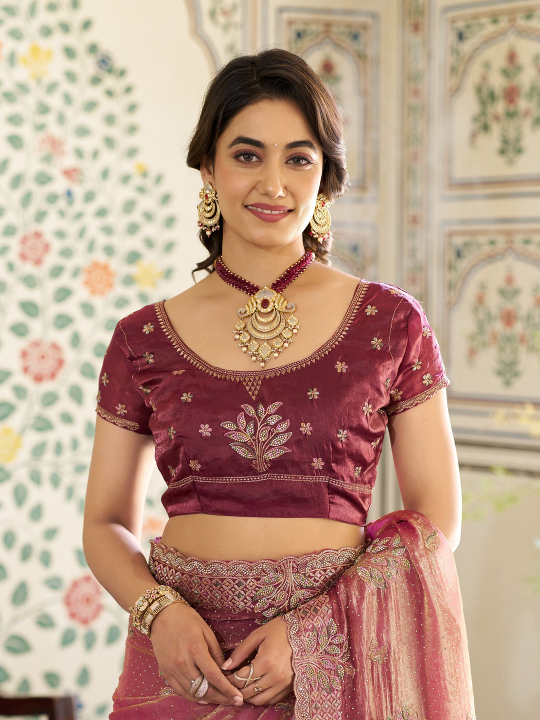 Dual Tone Rose Pink & Wine Fendy Satin Embroidered Saree with Floral Motifs & Zari Border | Designer Festive Saree with Tassels & Heavy Embroidered Blouse