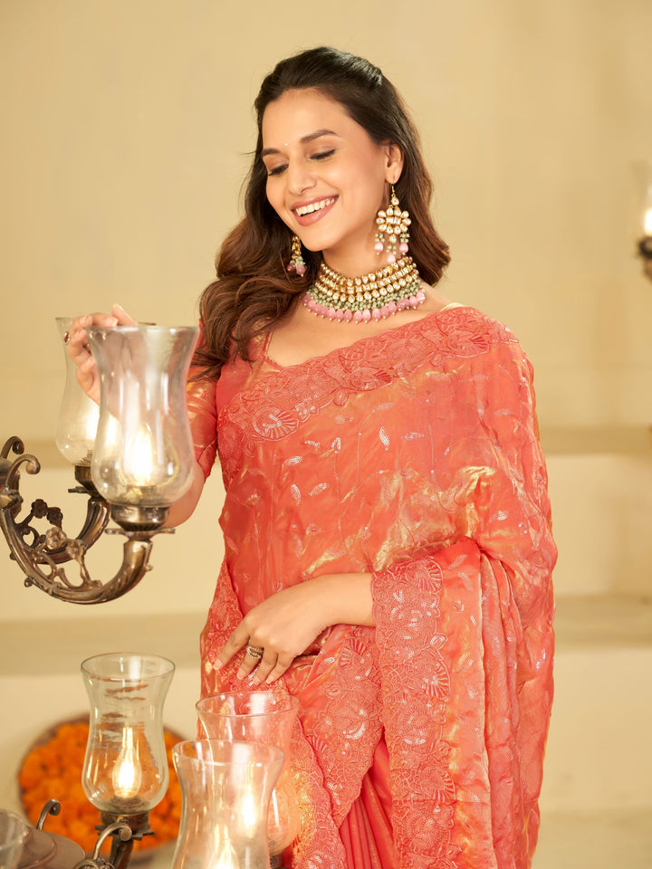 Peach Pink Designer Fendy Satin Saree with Heavy Embroidered Border | Premium Festive Party Wear Embroidered Saree with Blouse