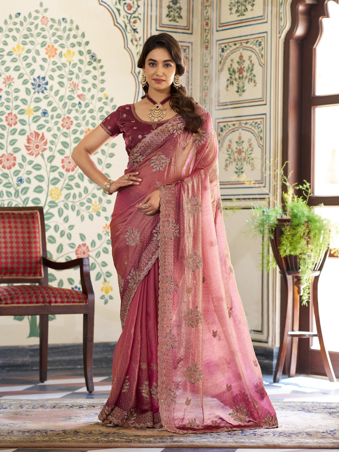 Dual Tone Rose Pink & Wine Fendy Satin Embroidered Saree with Floral Motifs & Zari Border | Designer Festive Saree with Tassels & Heavy Embroidered Blouse