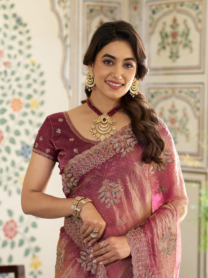 Dual Tone Rose Pink & Wine Fendy Satin Embroidered Saree with Floral Motifs & Zari Border | Designer Festive Saree with Tassels & Heavy Embroidered Blouse