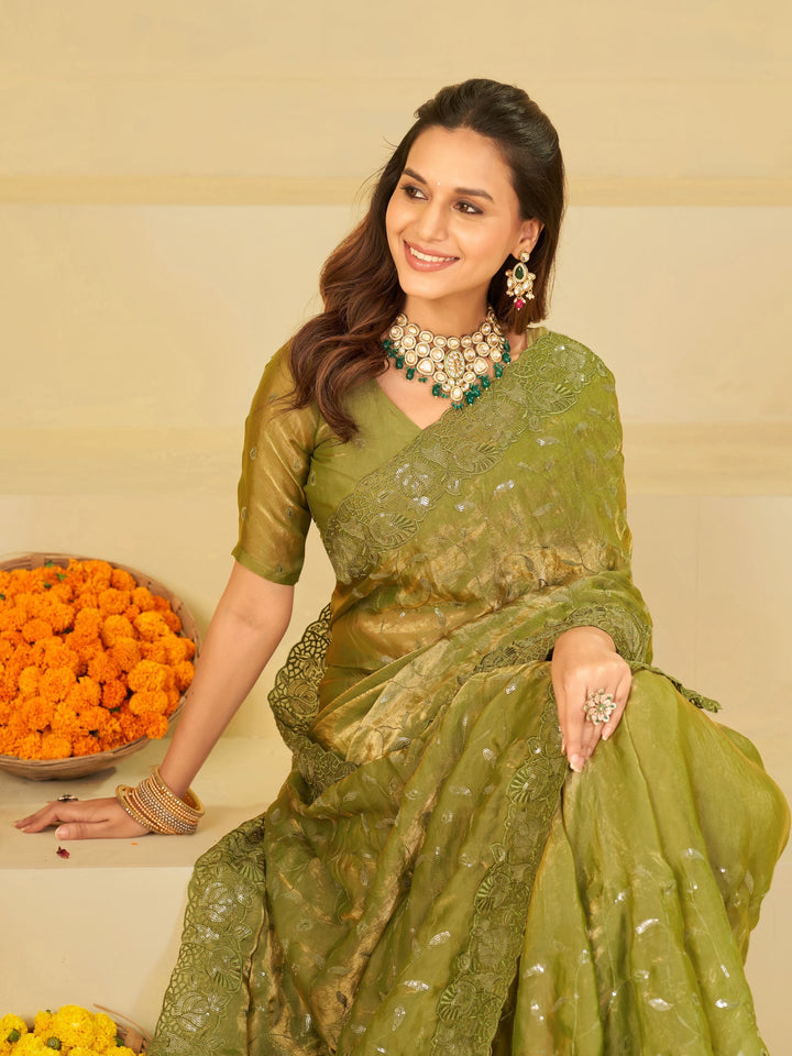 Olive Green Designer Fendy Satin Saree with Heavy Embroidered Border | Premium Festive Party Wear Saree with Blouse
