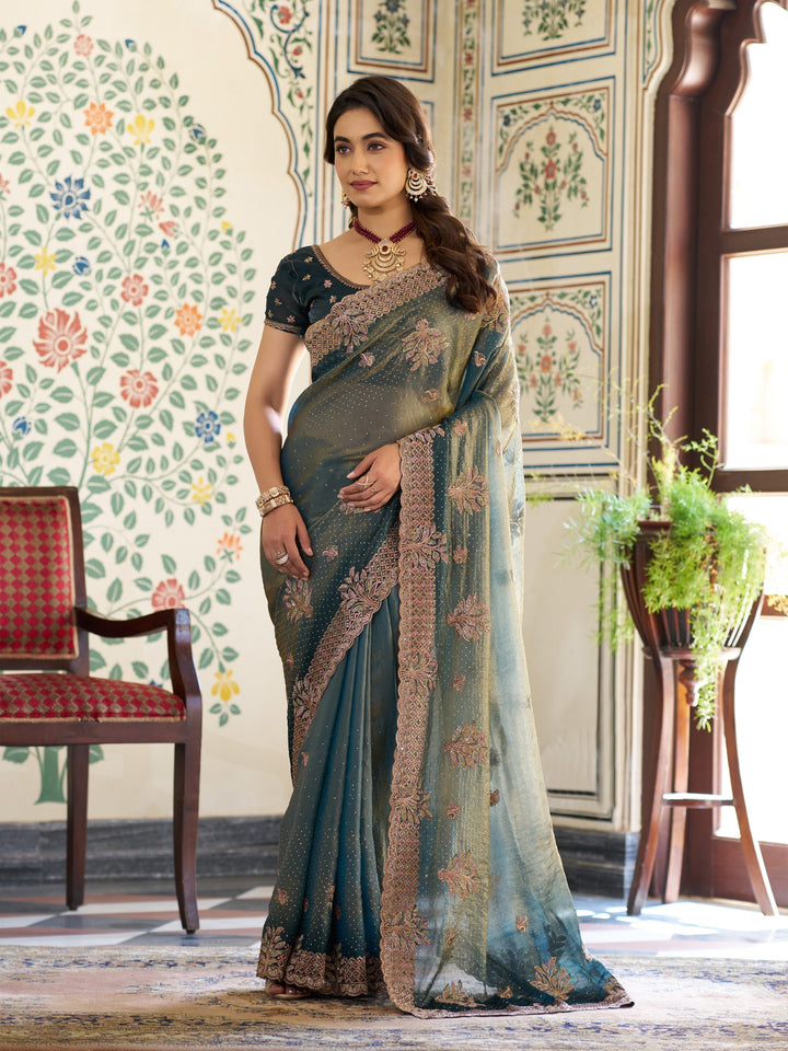 Deep Teal Green Fendy Satin Embroidered Saree with Floral Motifs & Rich Zari Border | Designer Party Wear Saree with Tassels & Heavy Embroidered Blouse