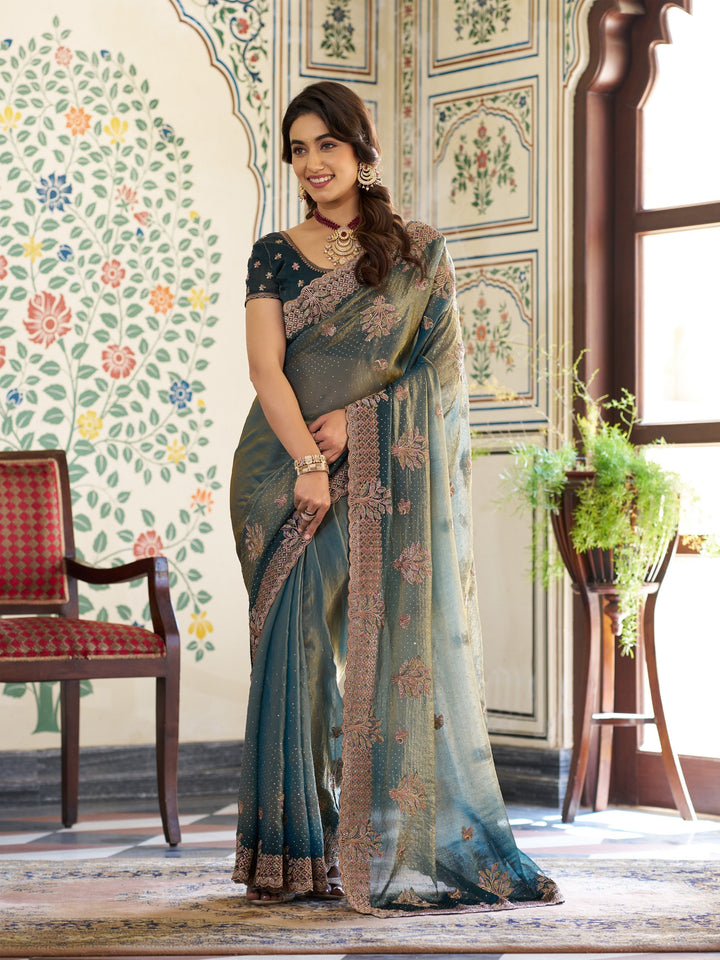 Deep Teal Green Fendy Satin Embroidered Saree with Floral Motifs & Rich Zari Border | Designer Party Wear Saree with Tassels & Heavy Embroidered Blouse