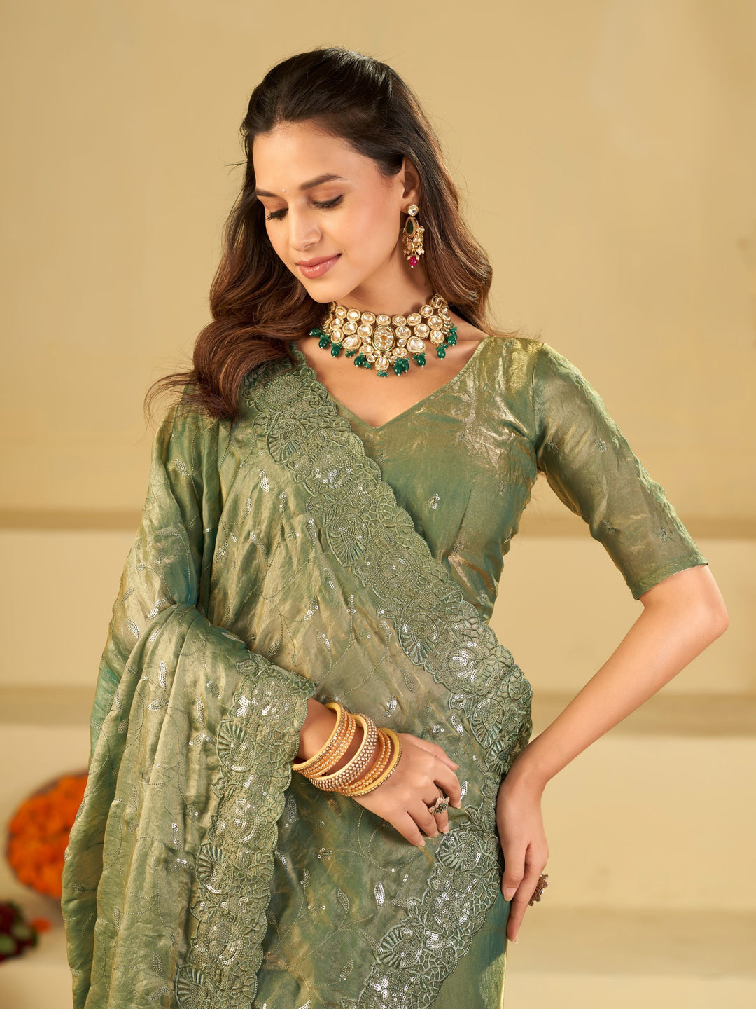 Sea Green Fendy Satin Saree with Heavy Embroidered Border | Designer Party Wear Embroidered Saree with Blouse