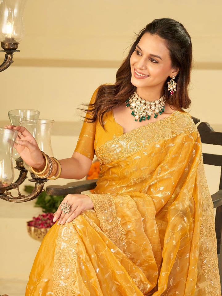 Mustard Yellow Designer Fendy Satin Saree with Heavy Embroidered Border | Premium Festive Party Wear Saree with Blouse