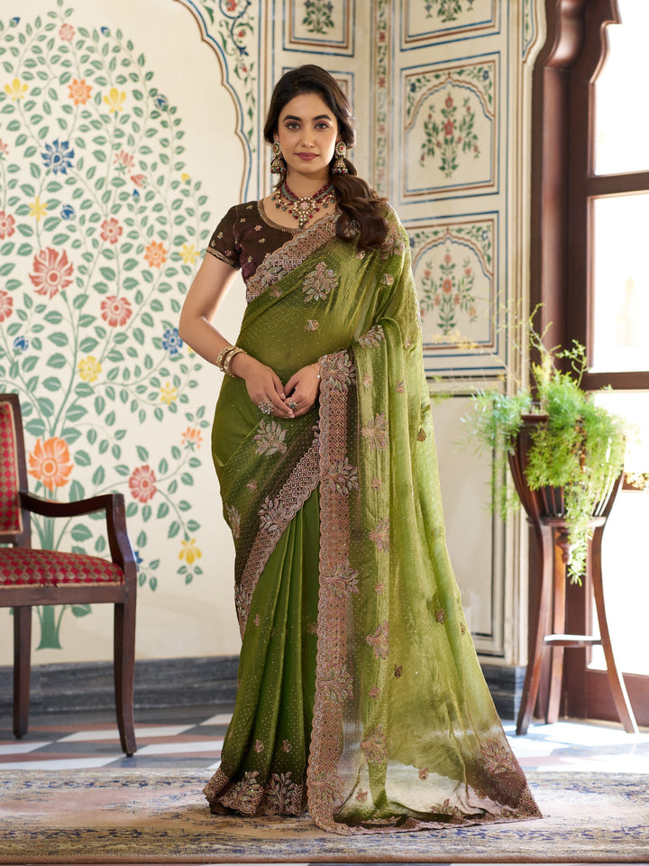 Olive Green Fendy Satin Embroidered Saree with Floral & Paisley Motifs | Designer Zari Border Saree with Tassels & Heavy Embroidered Blouse