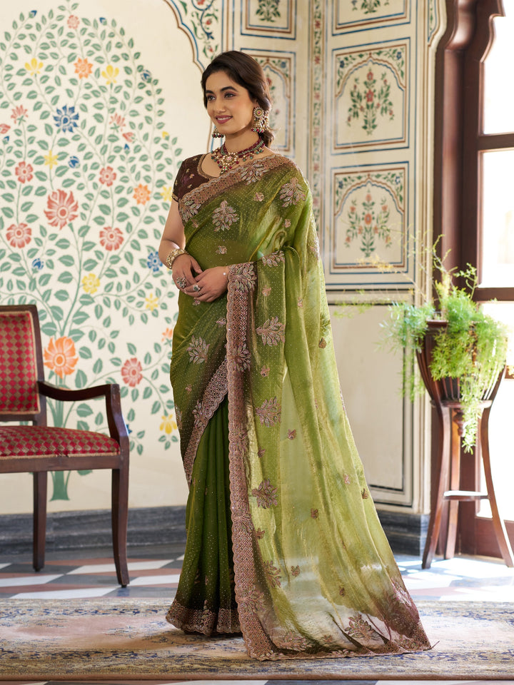 Olive Green Fendy Satin Embroidered Saree with Floral & Paisley Motifs | Designer Zari Border Saree with Tassels & Heavy Embroidered Blouse