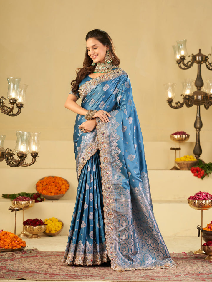 Royal Blue Banarasi Silk Saree with Heavy Embroidered Scallop Border & Rich Zari Woven Pallu | Designer Wedding Festive Saree