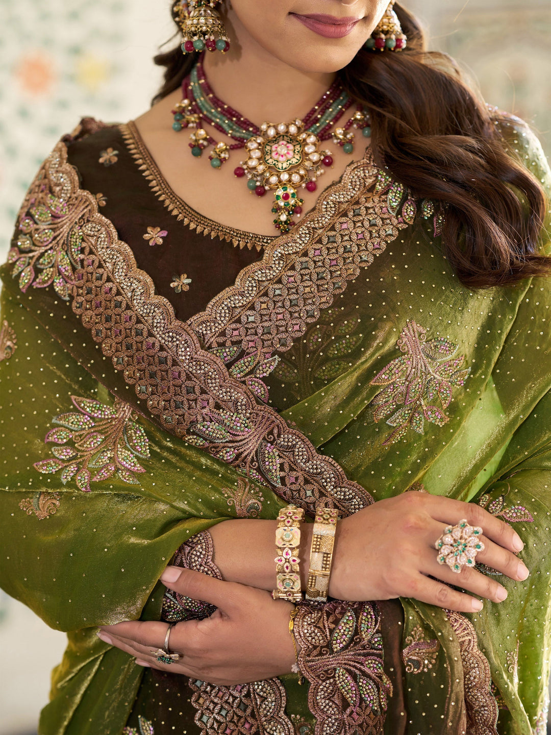 Olive Green Fendy Satin Embroidered Saree with Floral & Paisley Motifs | Designer Zari Border Saree with Tassels & Heavy Embroidered Blouse