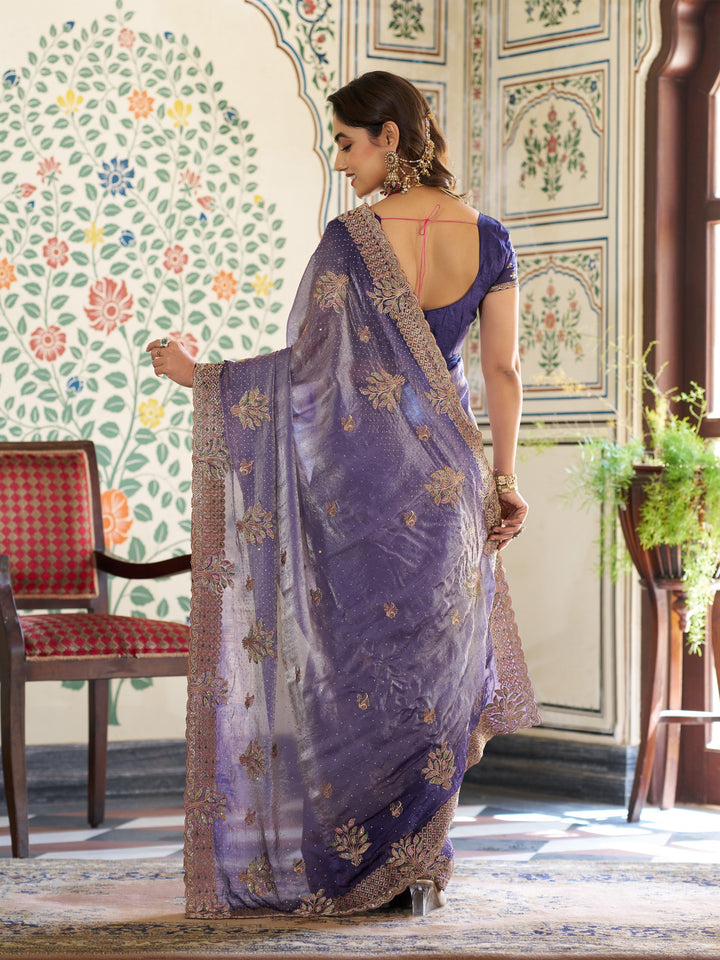 Royal Purple Fendy Satin Embroidered Saree with Floral Motifs & Zari Border | Designer Party Wear Saree with Tassels & Heavy Embroidered Blouse