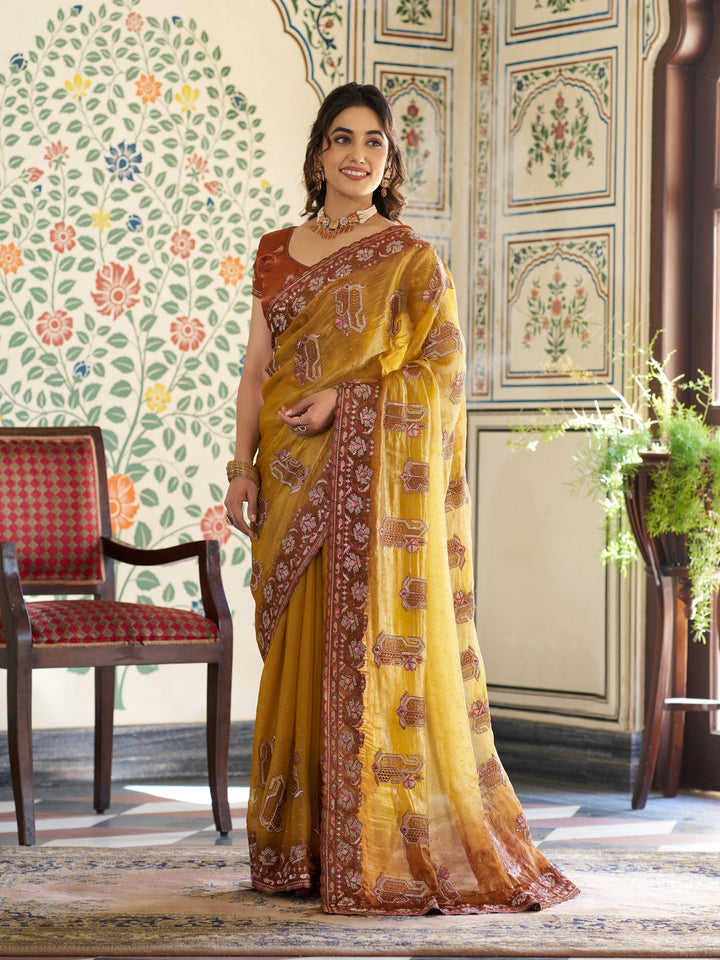 Mustard Yellow Fendy Satin Embroidered Saree with Ethnic Elephant Motifs & Contrast Zari Border | Designer Saree with Tassels & Heavy Embroidered Blouse