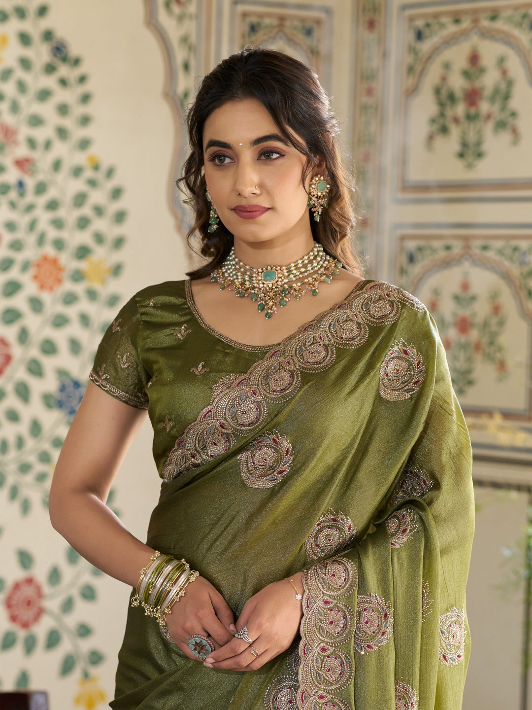 Olive Green Fendy Satin Embroidered Saree with Circular Motifs & Heavy Zari Border | Designer Saree with Tassels & Embroidered Blouse