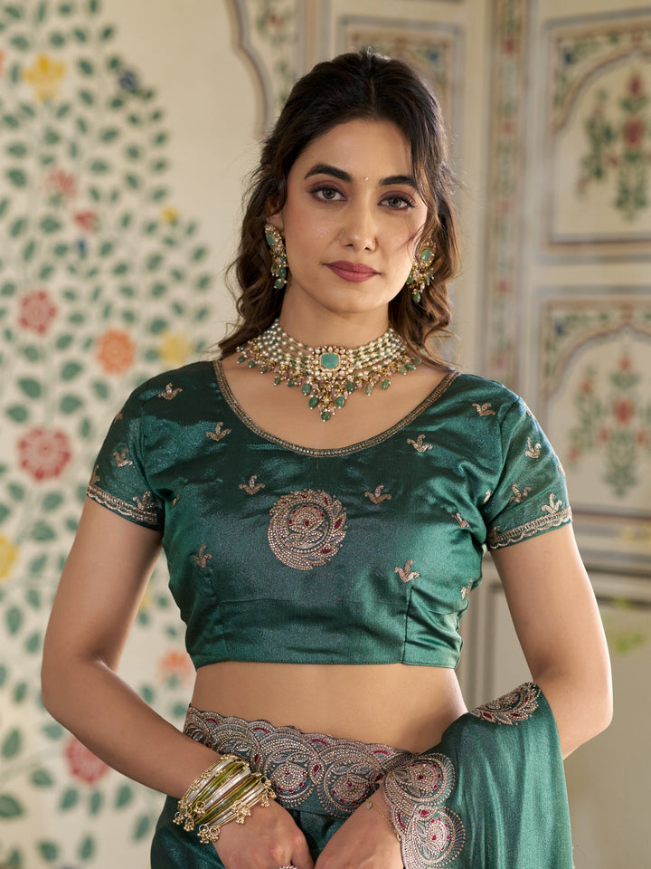 Emerald Green Fendy Satin Designer Saree with Circular Embroidery & Heavy Zari Border | Festive Party Wear Saree with Blouse