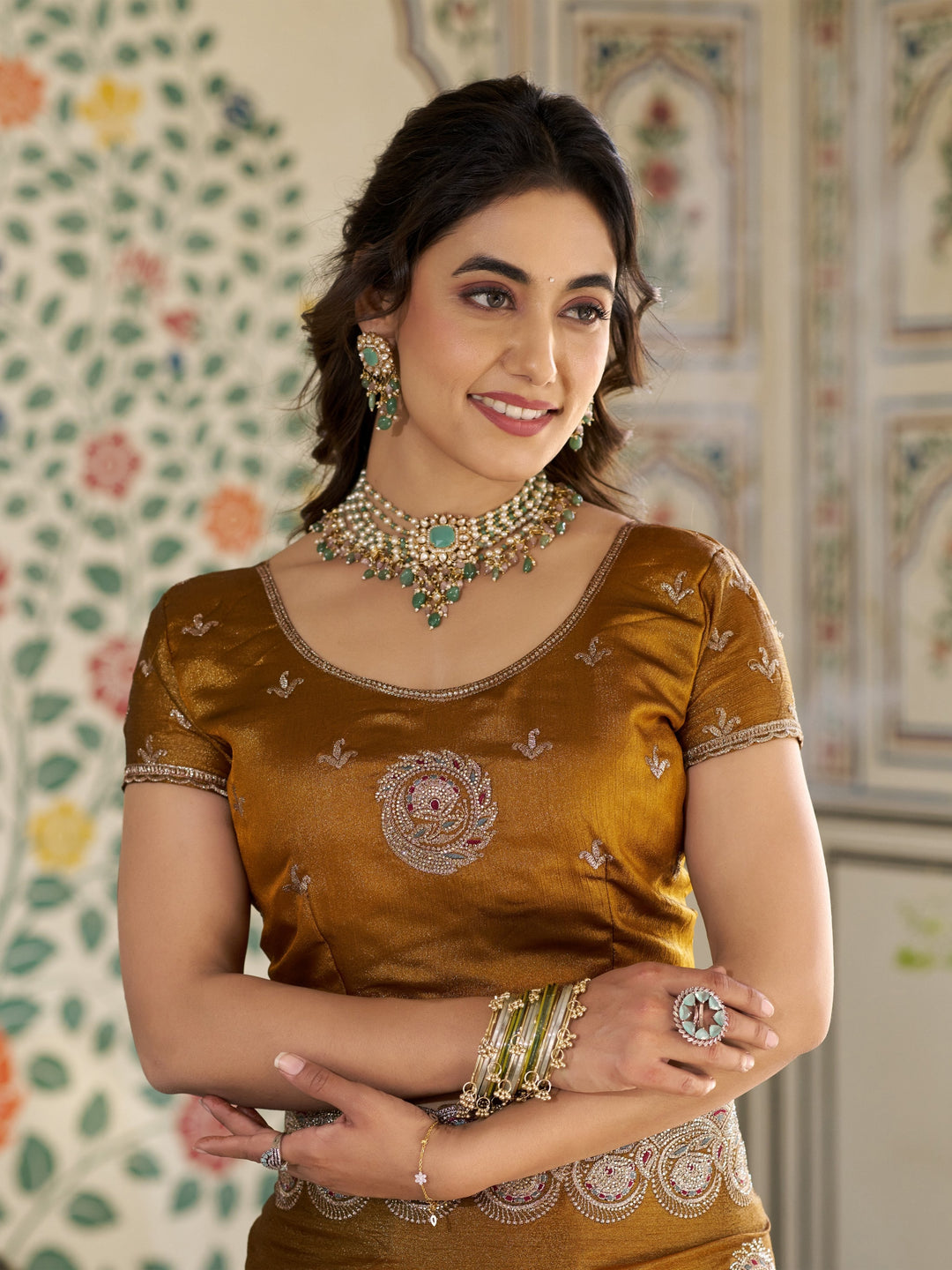Antique Mustard Gold Fendy Satin Designer Saree with Zari Circular Motifs & Heavy Embroidered Border | Festive Wedding Wear Saree with Blouse