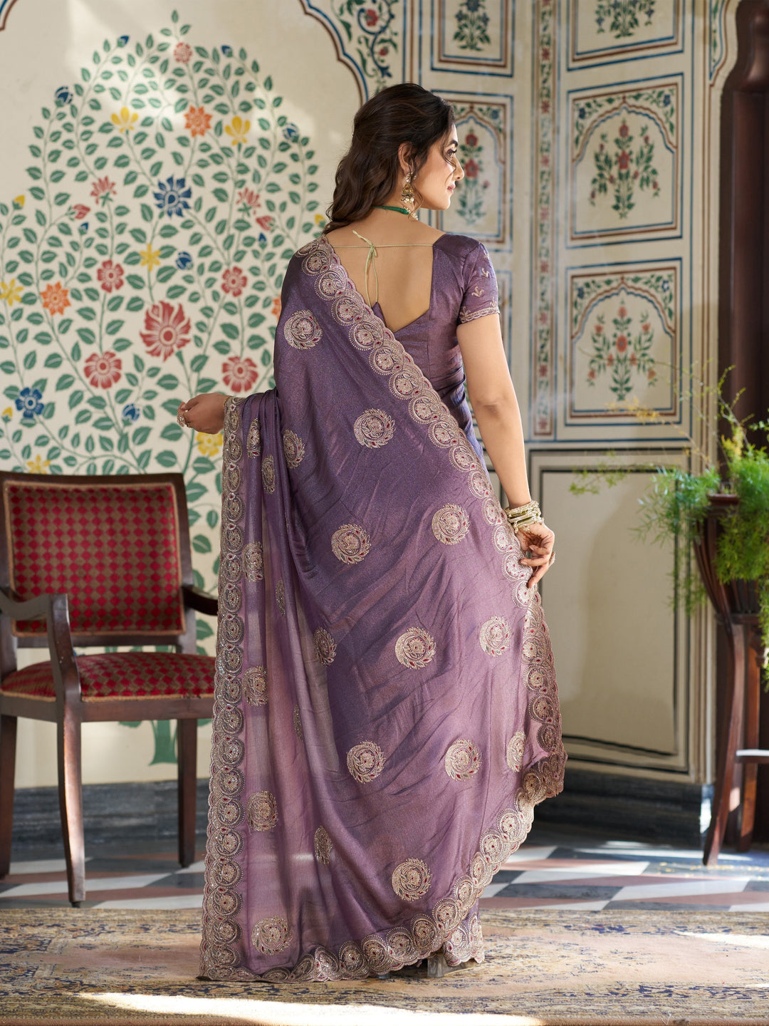 Dusty Mauve Fendy Satin Designer Saree with Zari Circular Motifs & Rich Embroidered Border | Elegant Party Wear Saree with Blouse