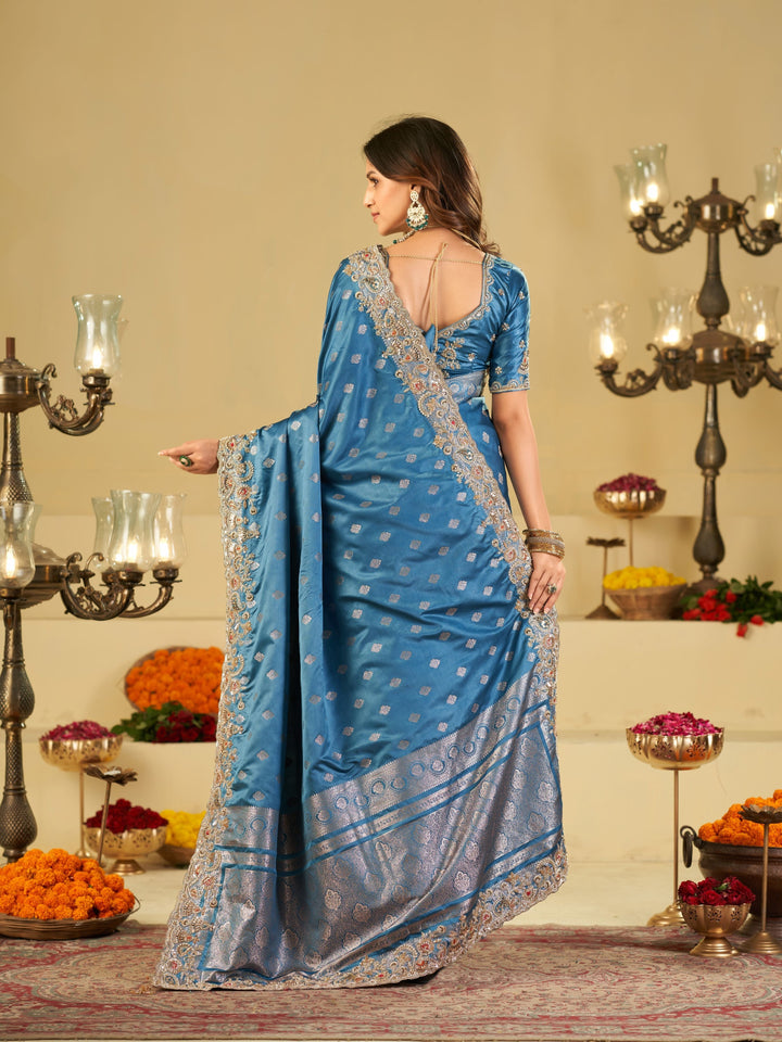 Steel Blue Banarasi Silk Saree with Heavy Embroidered Border & Rich Zari Woven Pallu | Designer Festive Wedding Saree