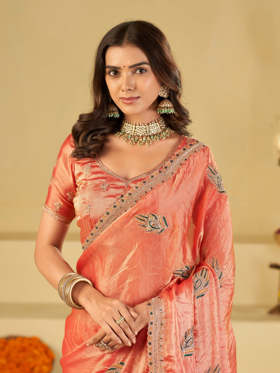 Peach Pink Designer Fendy Satin Saree with Embroidered Peacock Feather Motifs & Elegant Lace Border | Premium Festive Party Wear Saree
