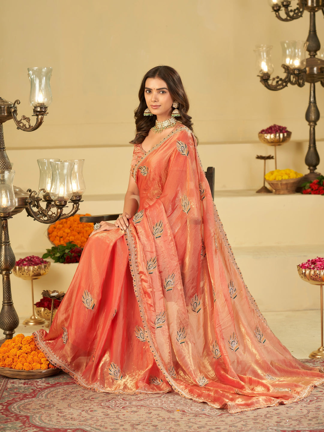 Peach Pink Designer Fendy Satin Saree with Embroidered Peacock Feather Motifs & Elegant Lace Border | Premium Festive Party Wear Saree