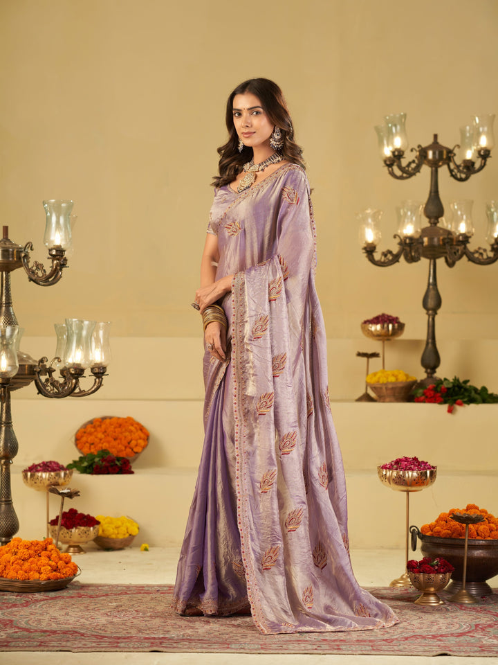 Lavender Purple Designer Fendy Satin Saree with Embroidered Leaf Motifs & Elegant Lace Border | Premium Festive Party Wear Saree with Matching Blouse