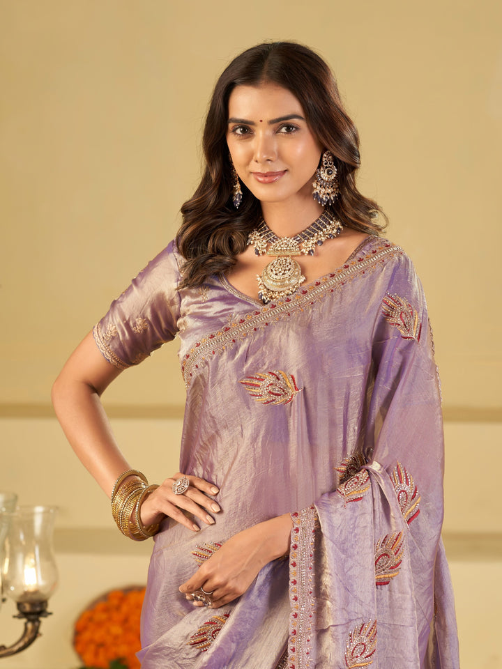 Lavender Purple Designer Fendy Satin Saree with Embroidered Leaf Motifs & Elegant Lace Border | Premium Festive Party Wear Saree with Matching Blouse
