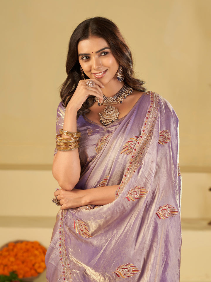 Lavender Purple Designer Fendy Satin Saree with Embroidered Leaf Motifs & Elegant Lace Border | Premium Festive Party Wear Saree with Matching Blouse