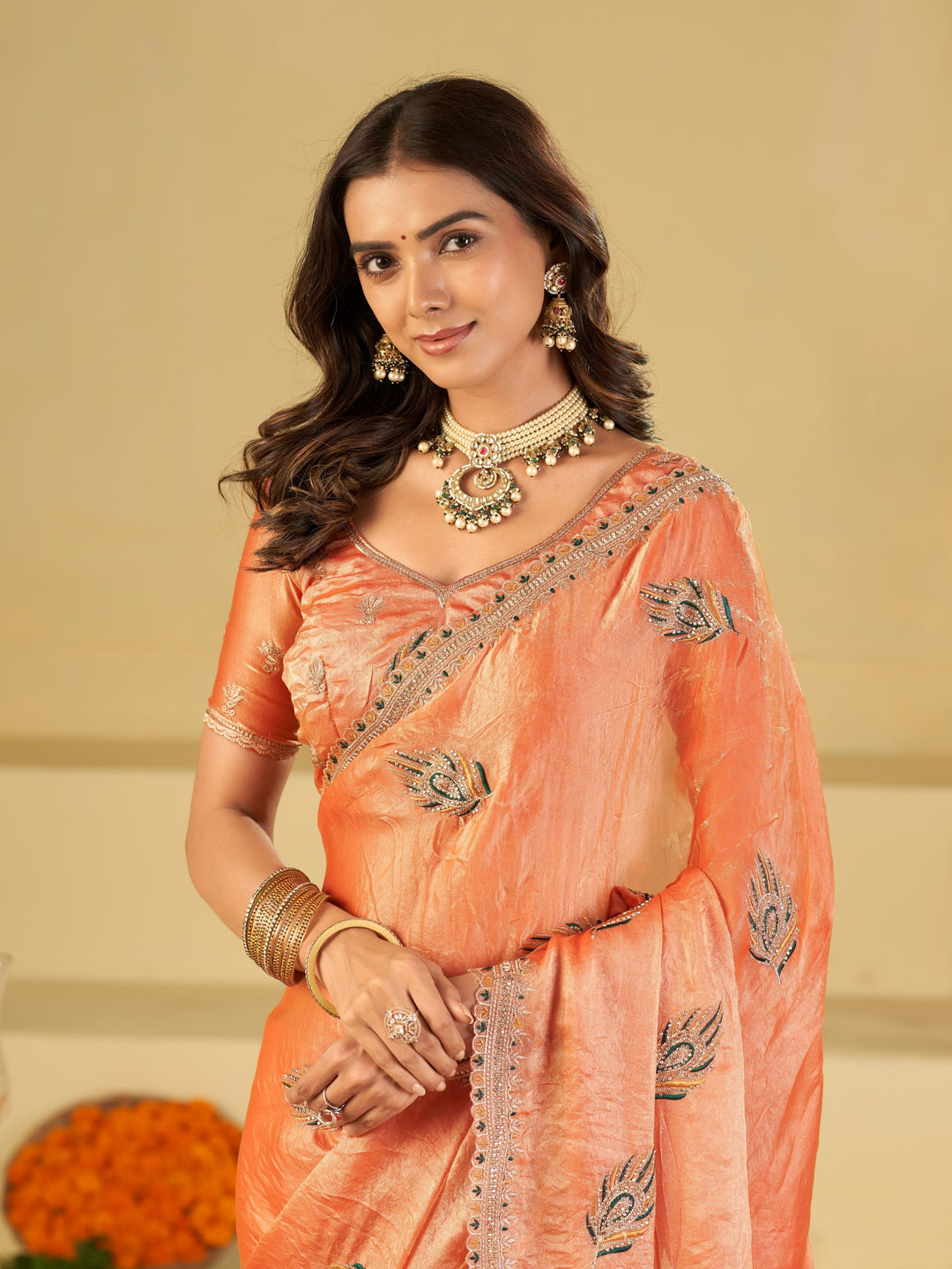 Peach Designer Fendy Satin Saree with Embroidered Leaf Motifs & Elegant Lace Border | Premium Festive Party Wear Saree with Matching Blouse