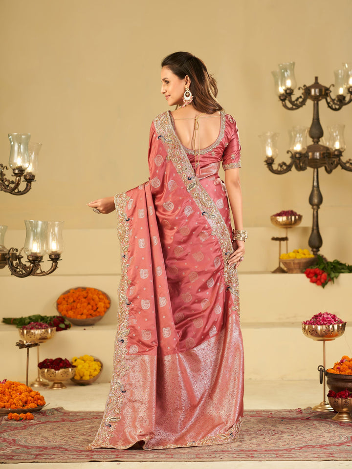 Rose Pink Banarasi Silk Saree with Heavy Embroidered Scallop Border & Rich Zari Woven Pallu | Designer Wedding Festive Saree