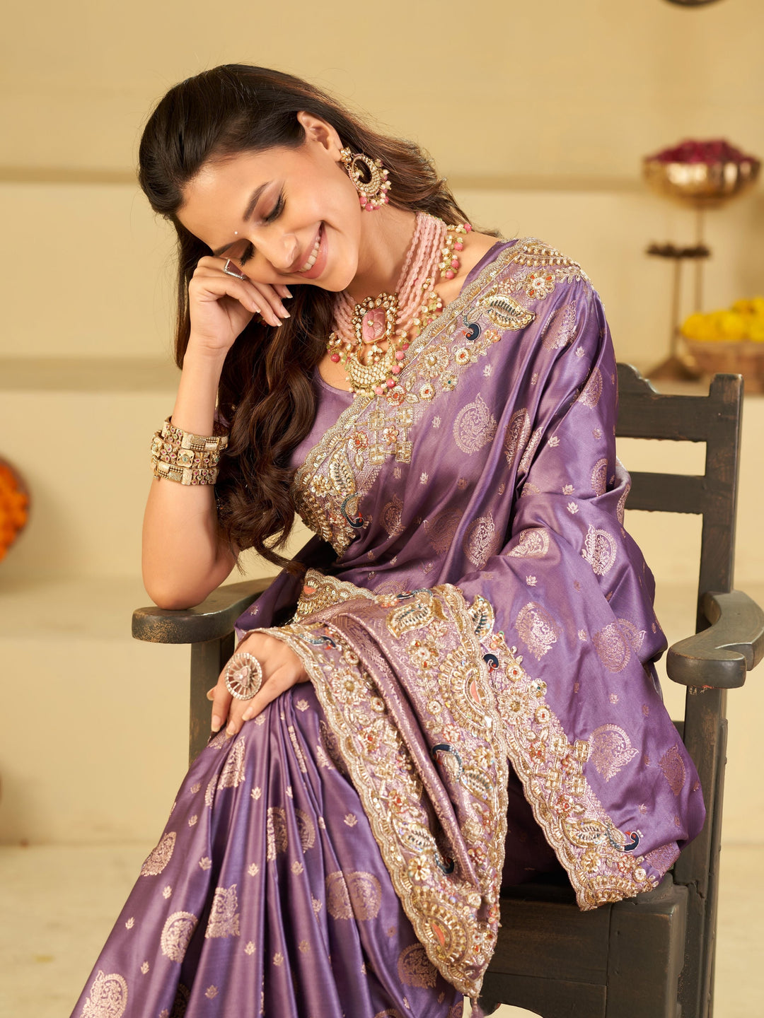 Lavender Purple Banarasi Silk Saree with Heavy Embroidered Scallop Border & Rich Zari Woven Pallu | Designer Wedding Festive Saree