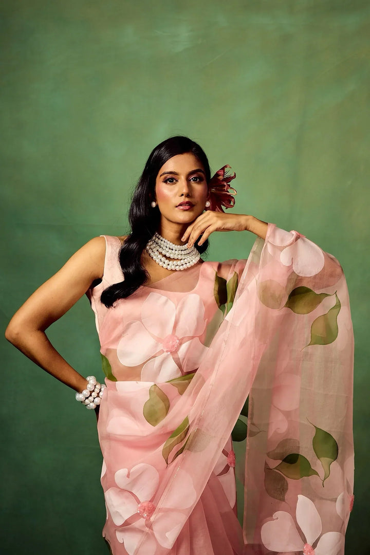 Blush Pink Pure Organza Hand-Painted Saree with White Floral Motifs & Sequins | With Modal Satin Blouse