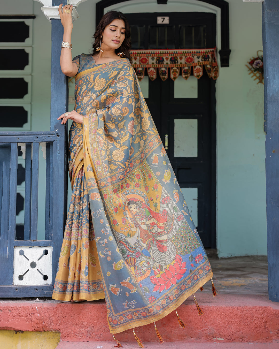 Mustard Blue Handloom Cotton Saree with Mudra Motifs & Goddess Saraswati Pallu