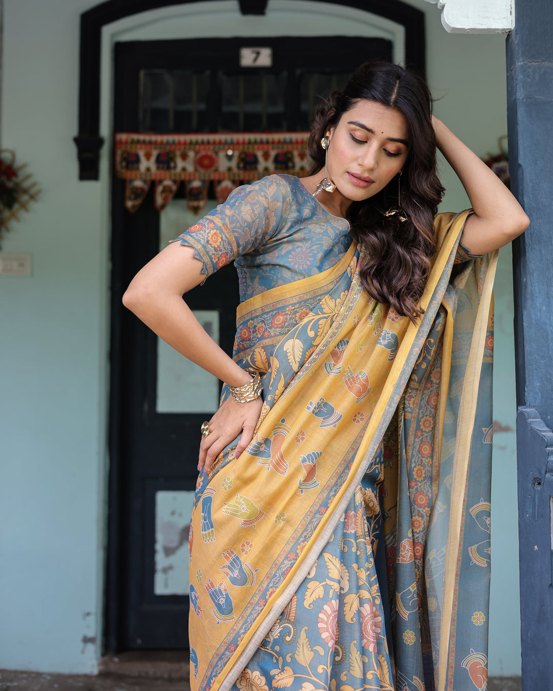 Mustard Blue Handloom Cotton Saree with Mudra Motifs & Goddess Saraswati Pallu