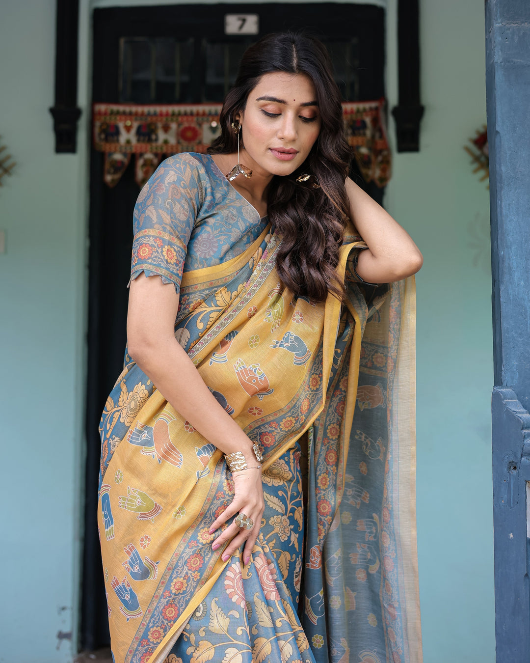 Mustard Blue Handloom Cotton Saree with Mudra Motifs & Goddess Saraswati Pallu